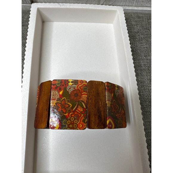 Wooden Colorful Floral Pattern Stretch Bracelet Fashion Boho Women - Picture 2 of 5